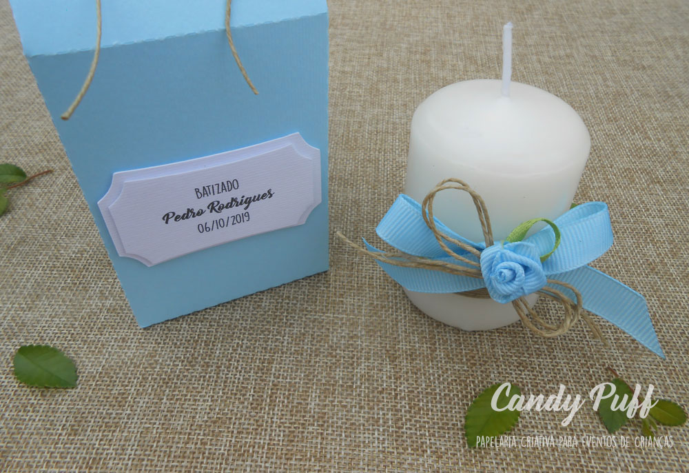 Lembranças Batizado Vela Floral com Embalagem - Azul - Candy Puff